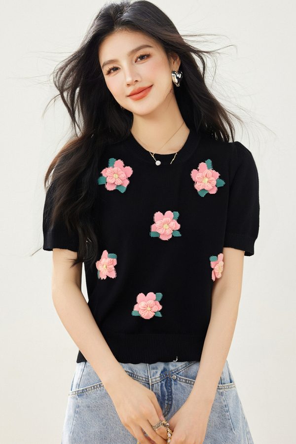 Summer ice silk sweet tops stereoscopic flowers sweater